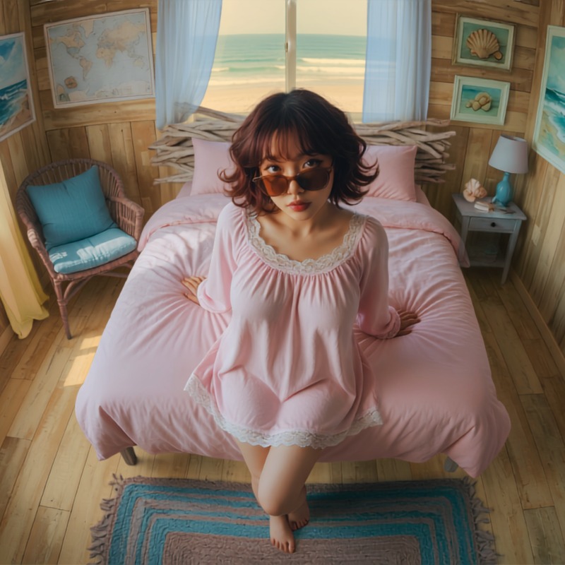 Giorni Fantasista: Sounds from Harbour Bay, Volume I — woman seated on a pink bed in a timber beach room