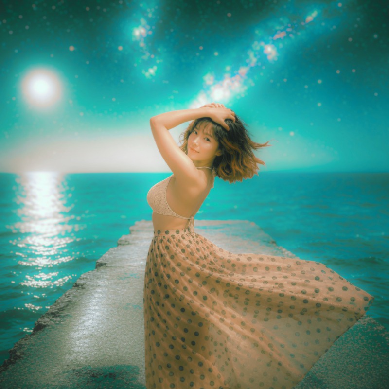 Malam Musim Panas di Tengah Keabadian — woman on a pier under a teal starlit sea
