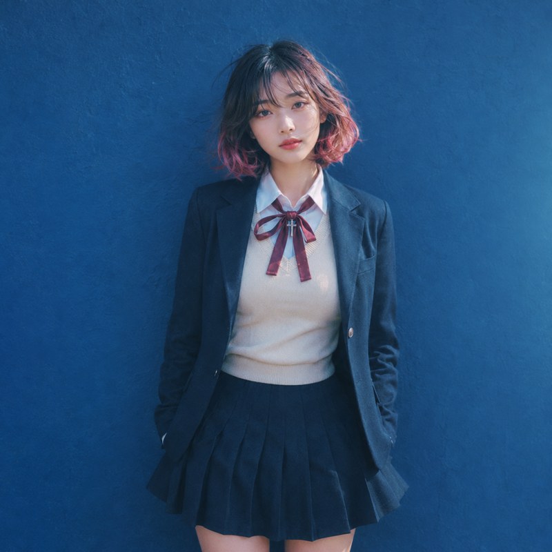 Soundtrack for Unfinished Posmo Shonen YA — woman in a navy school uniform against a cobalt wall