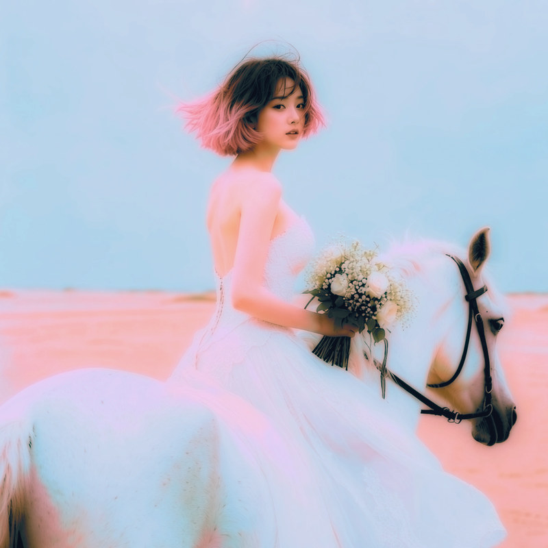 Surga di Letup Buih — woman in a white wedding gown on a white horse against a pale blue sky
